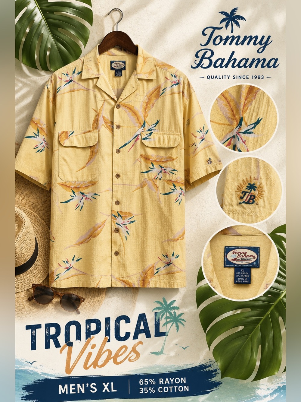 Tommy Bahama Men’s XL Yellow Tropical Bird of Paradise Camp Shirt Button Down - Picture 1 of 12
